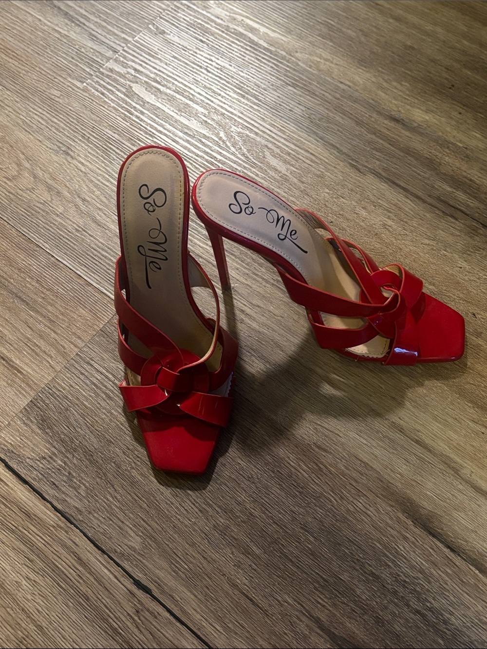 So Me Red Patent Knotted Strappy High Heel Sandals